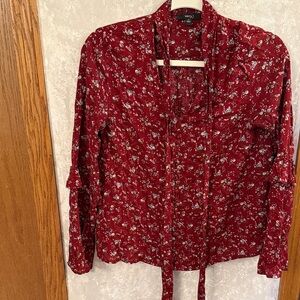 Red Floral Bow tie Blouse